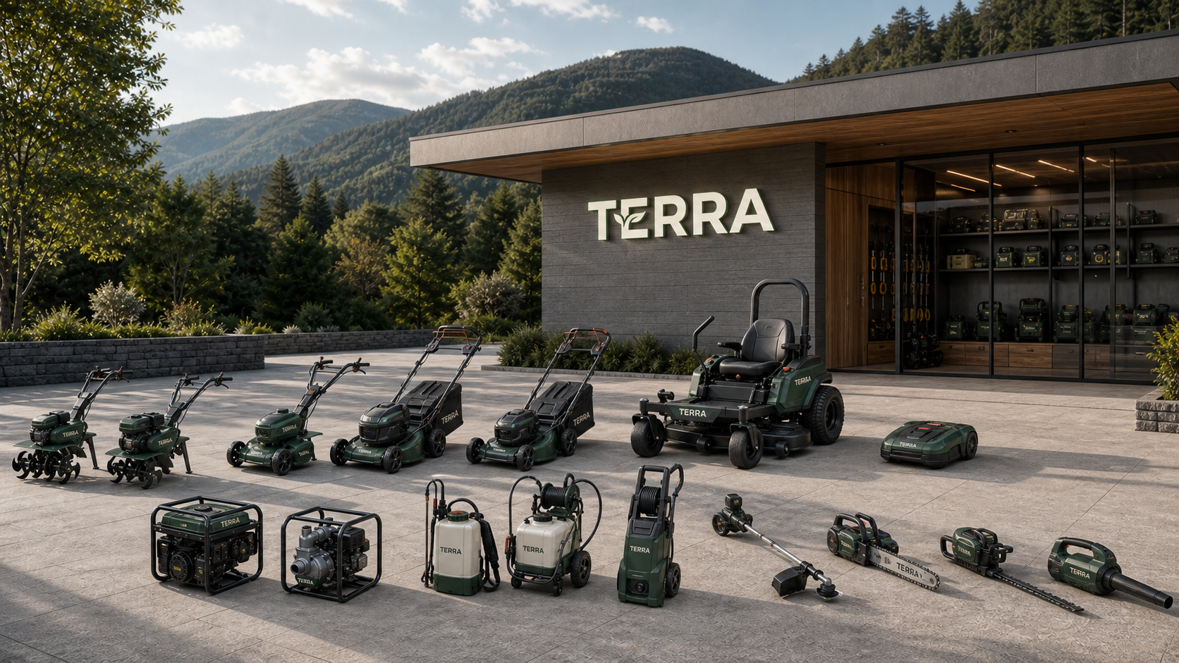 TERRA outdoor machinery displayed outside a modern showroom near a forest